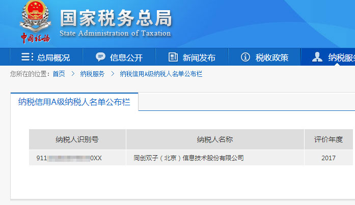 同創(chuàng)雙子納稅信用A級(jí)
